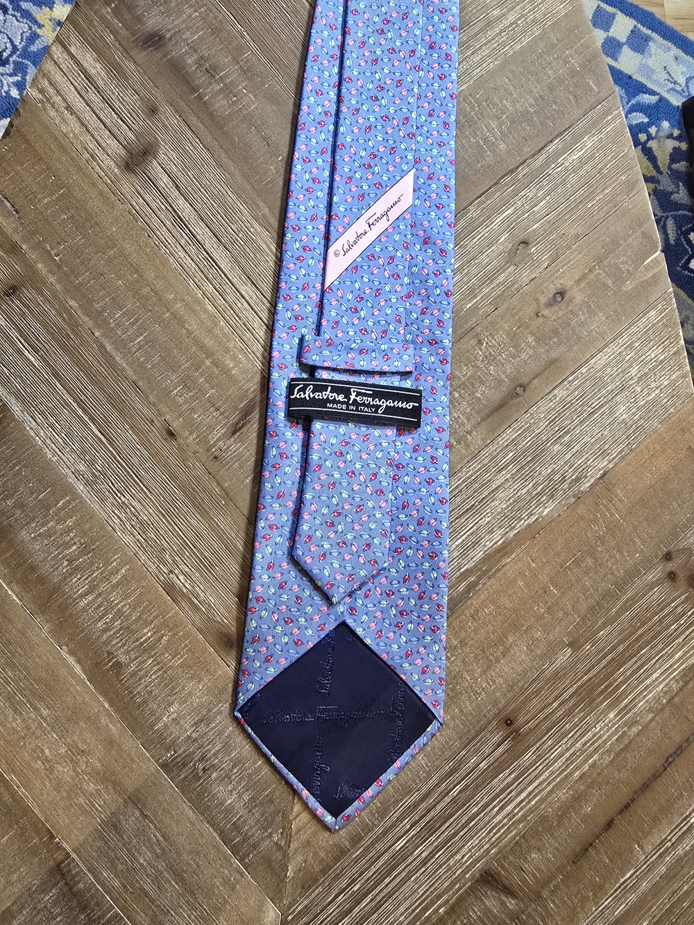 Salvatore Ferragamo Light Blue Silk Tie - Micro Planet Print (Like New + COA)